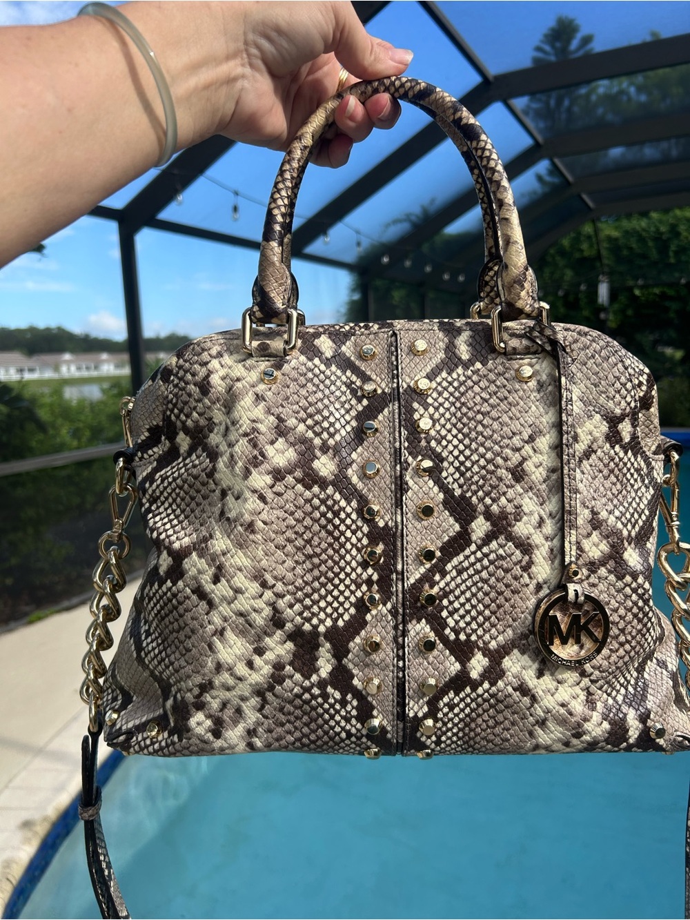 Michael Kors Snake-Print Satchel in Taupe and Brown with Gold Hardware